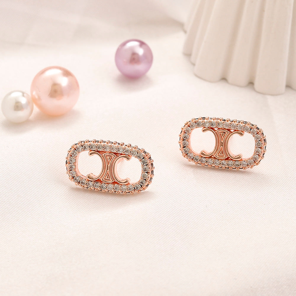 304 Stainless Steel Pave Oval Stud Earrings