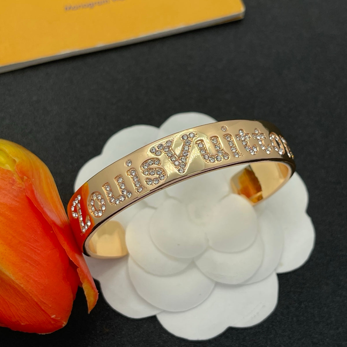 Pave Floral Monogram Open Cuff Bracelet