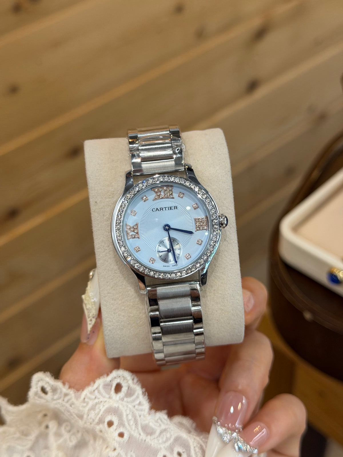 33mm Round Quartz Watch with Stone-Set Bezel and Link Bracelet