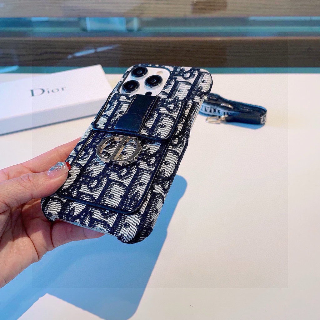 Funda para teléfono con tarjetero, monograma y correa estampada