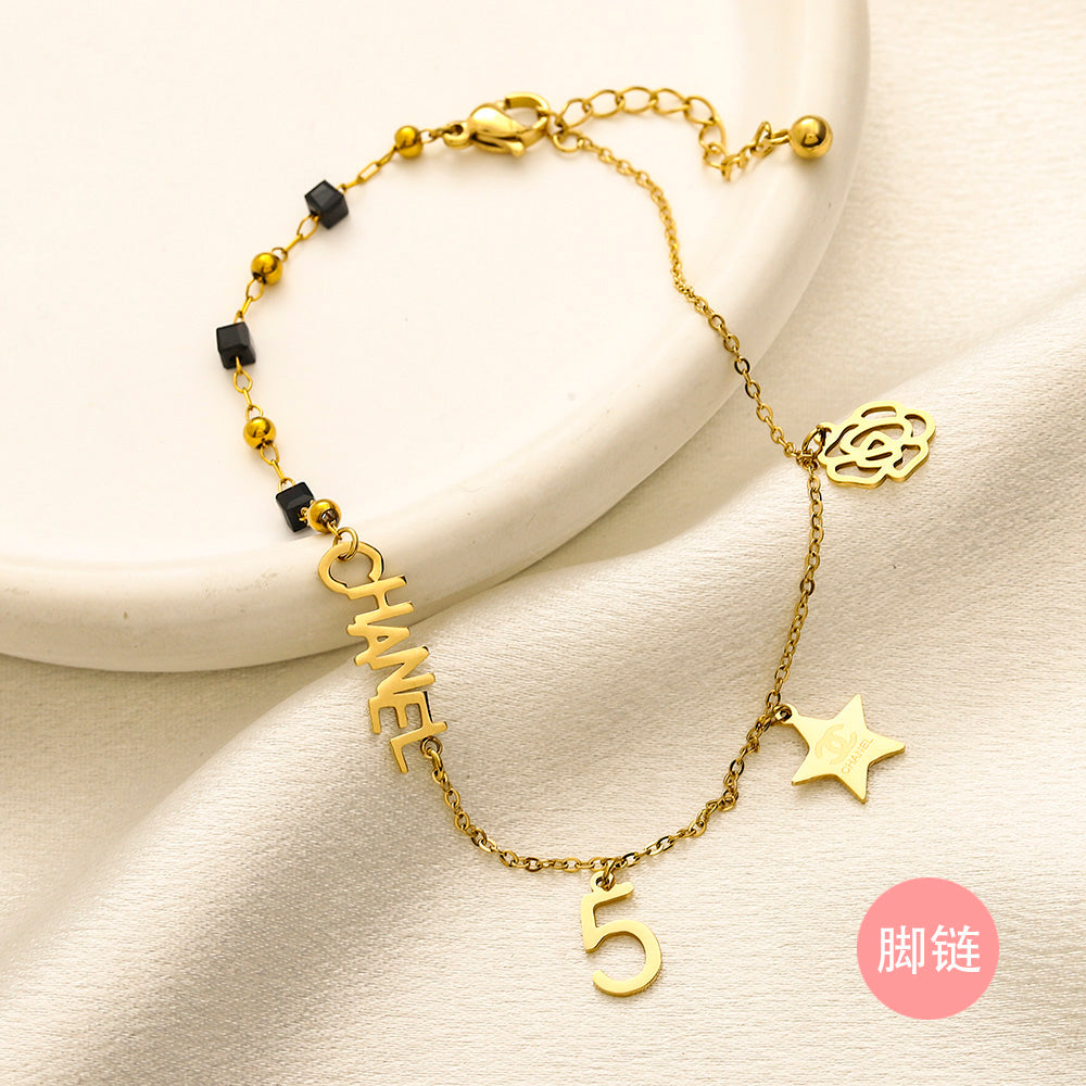304 Stainless Steel Star & Letter Charm Anklet with Bead Accents