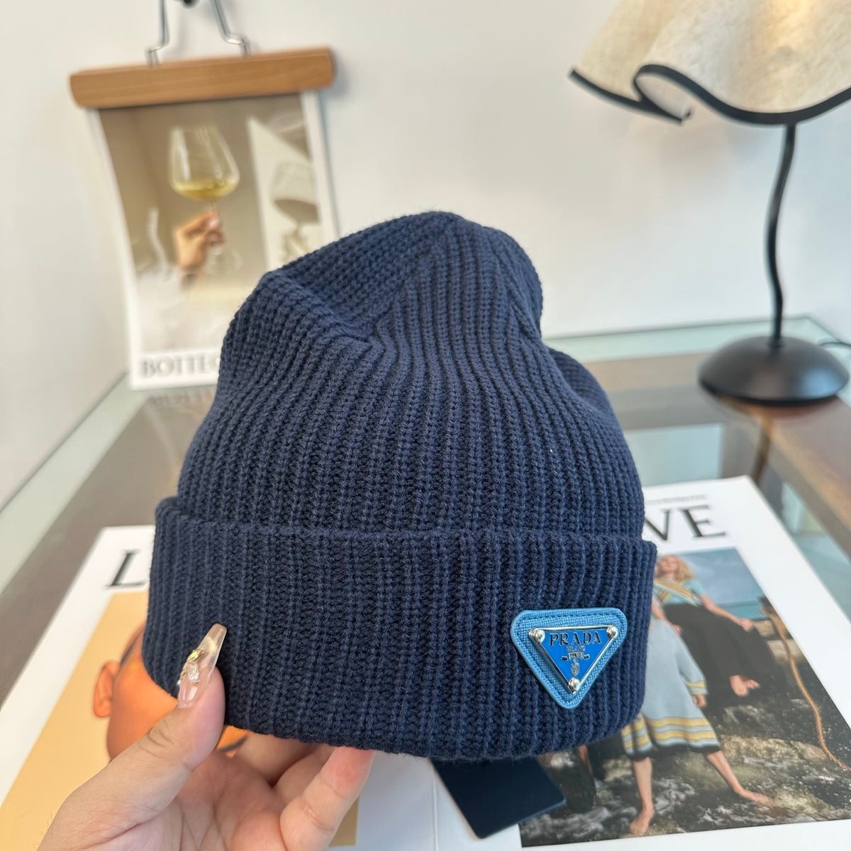 Ribbed Knit Beanie with Triangle Emblem