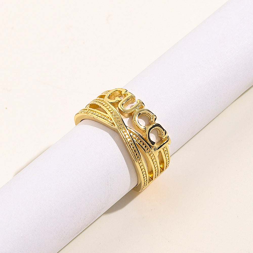 Open Lettering Ring with Stone-Set Chain Detail