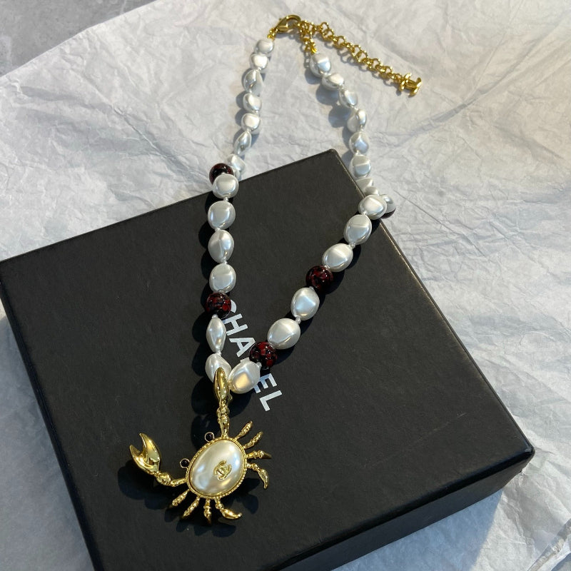 Pearl-Look Bead Necklace with Crab Pendant