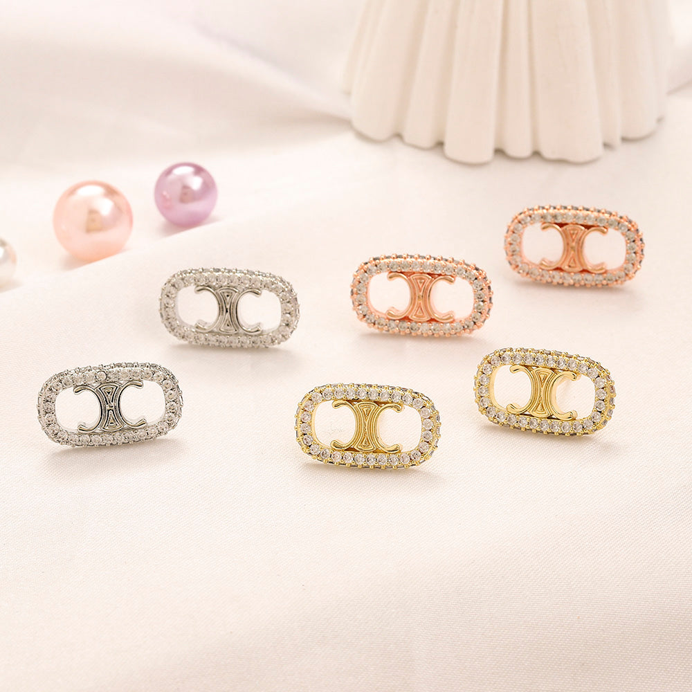 304 Stainless Steel Pave Oval Stud Earrings