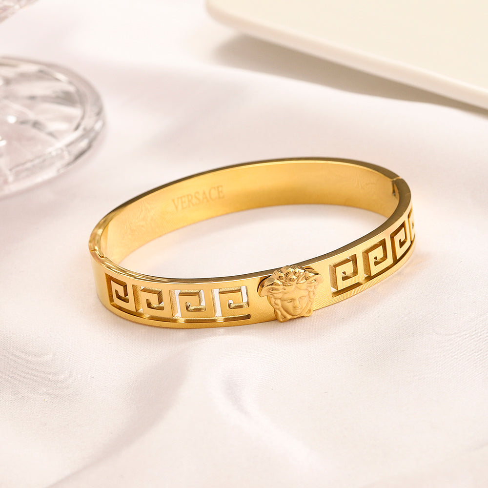 304 Stainless Steel Greek-Key Hinged Bangle Bracelet