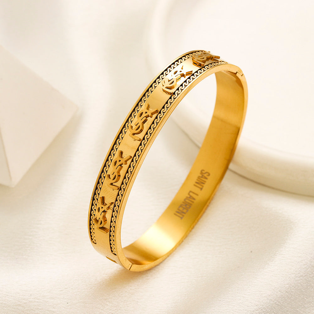 304 Stainless Steel Engraved Pave-Edge Bangle Bracelet