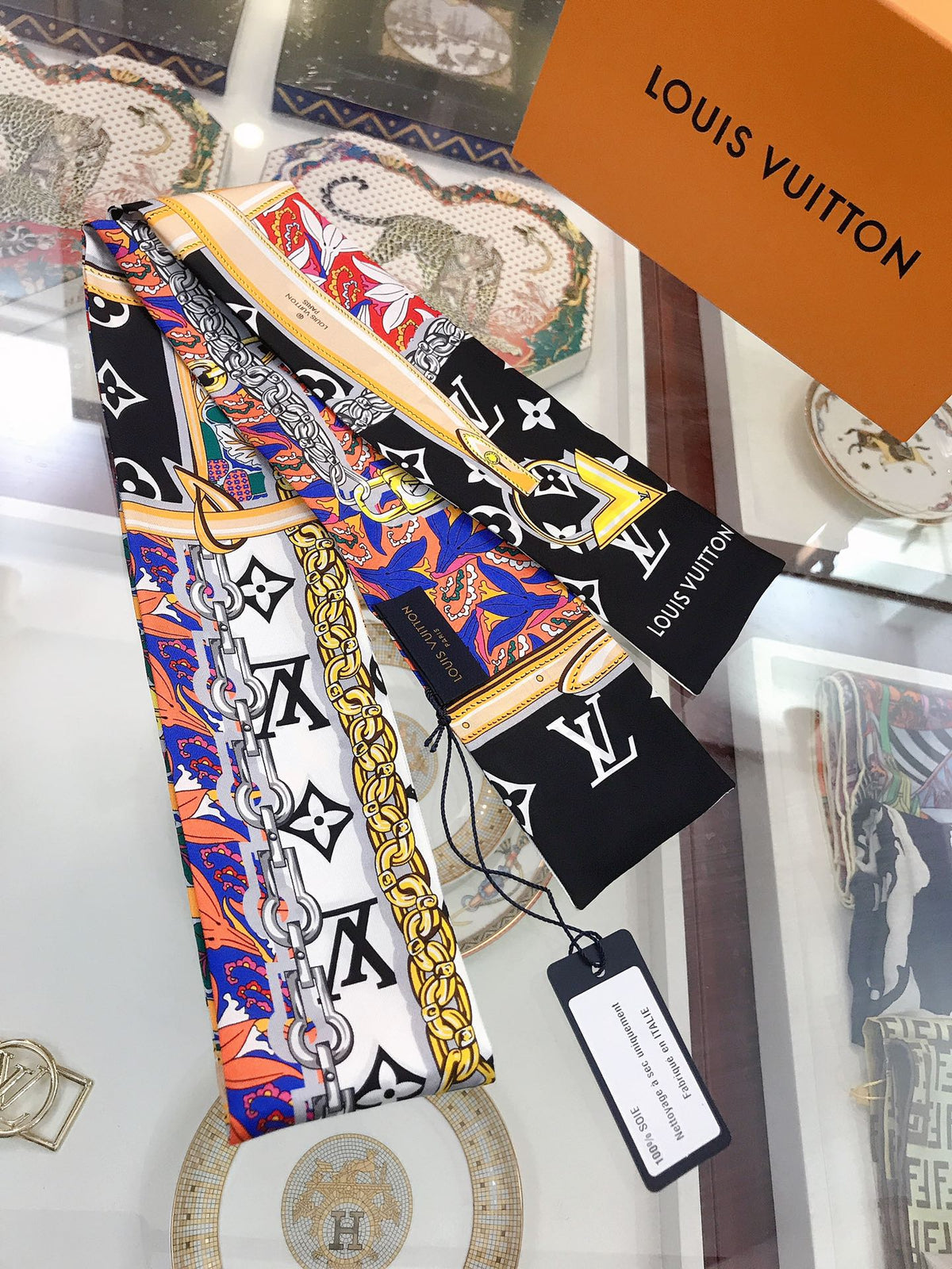 Foulard ruban ceinture & monogramme floral - 5 x 120 cm