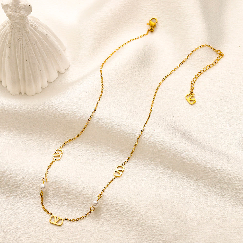 304 Stainless Steel V-Motif & Pearl-Look Bead Station Necklace
