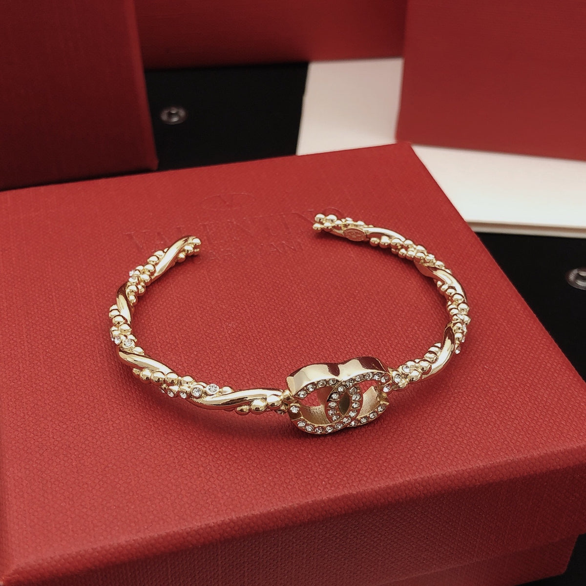Pave Interlocking-C Chain Cuff Bracelet