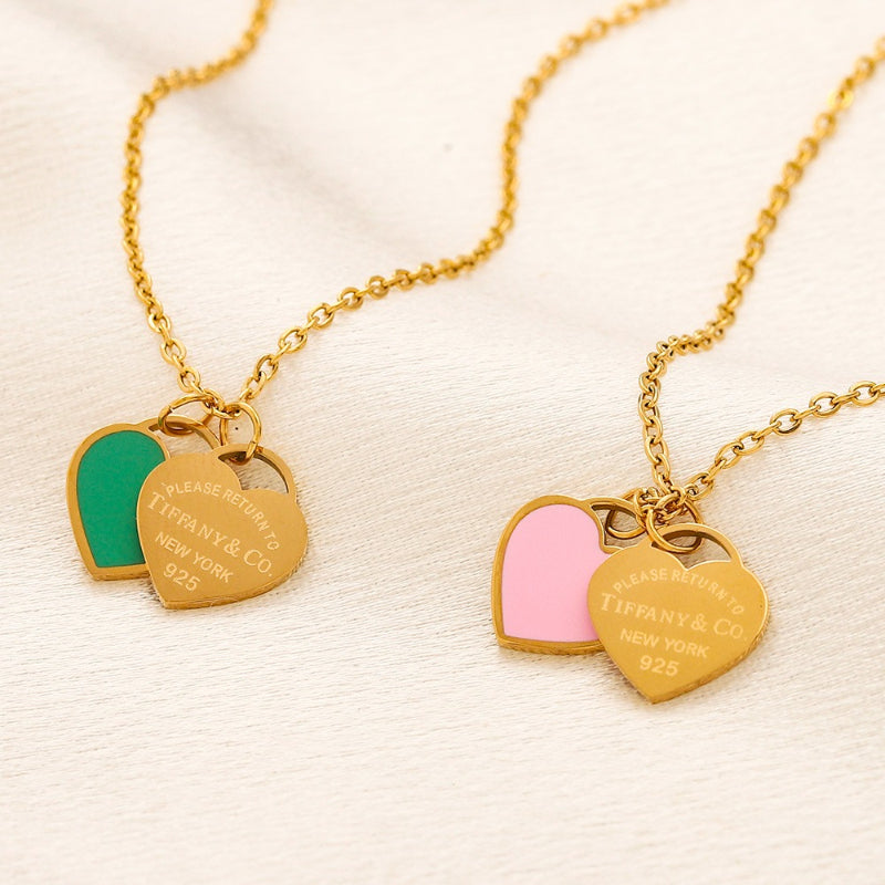 304 Stainless Steel Color-Inlay Double Heart Pendant Necklace