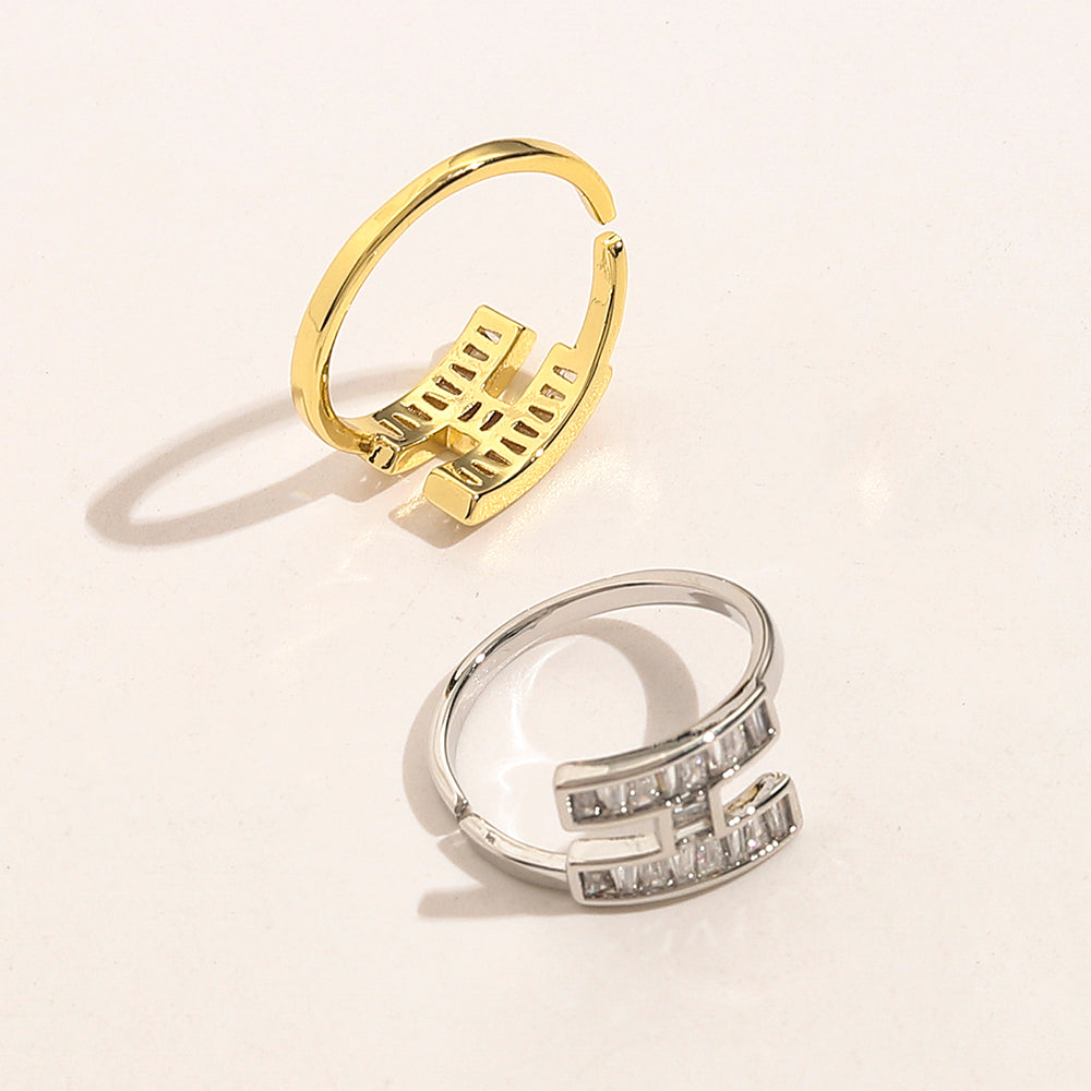 Open H-Motif Ring with Rectangular Stone Accents