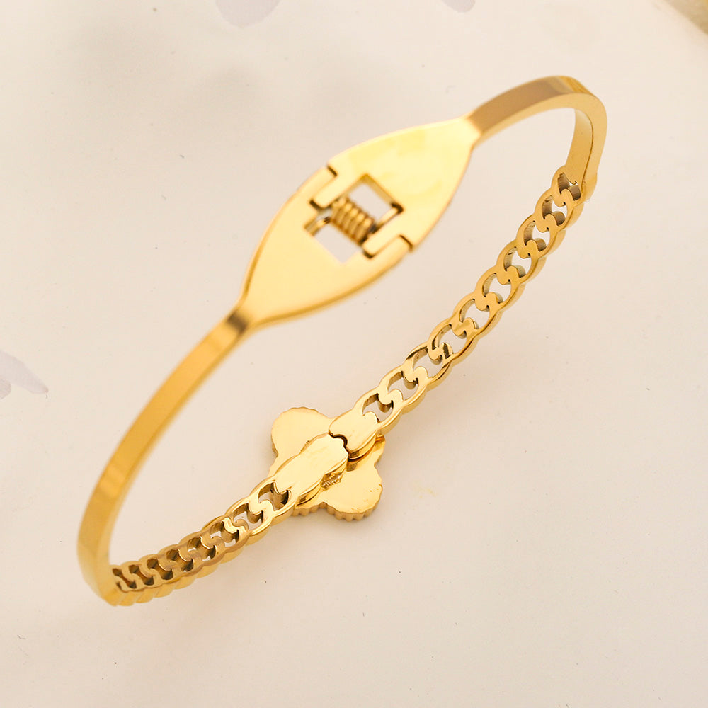 Pulsera rígida abierta de acero inoxidable 304 con cuadrifolio de colores
