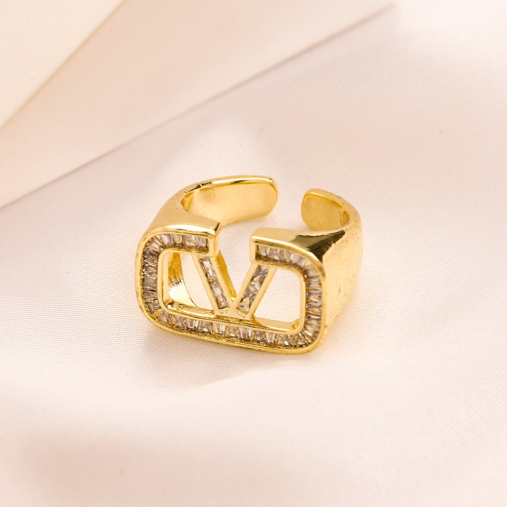 Open V-Motif Ring with Stone Accents