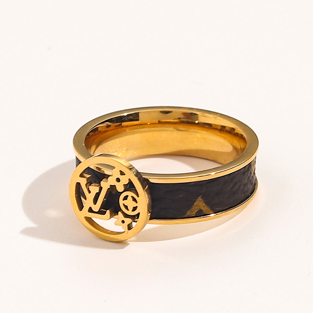 304 Stainless Steel Round Emblem Ring with Black Inlay