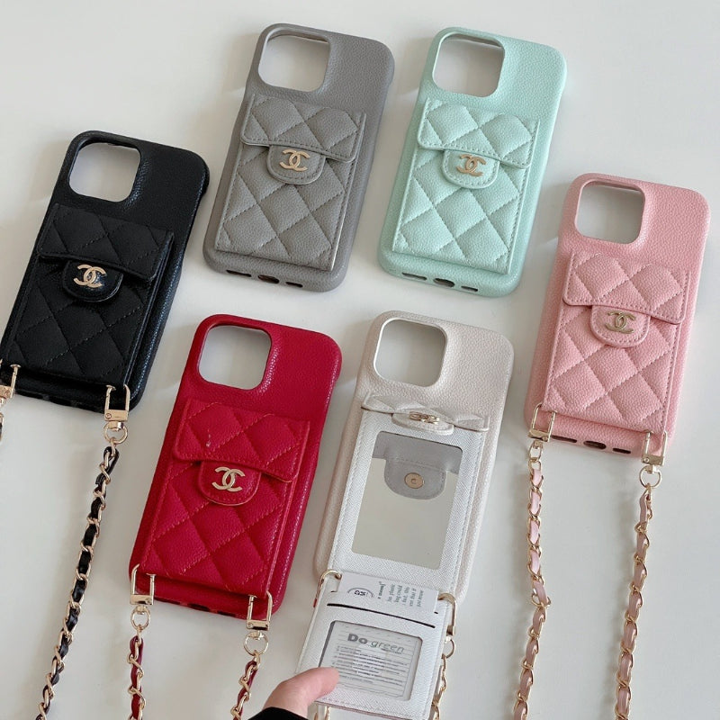 Quilted Phone Case with Emblem Clasp and Chain
