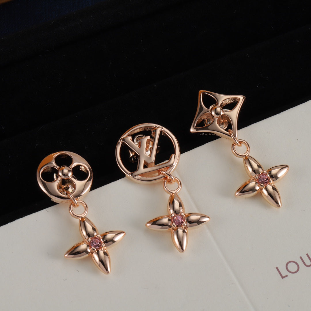 Four-Petal Flower Charm Drop Earrings