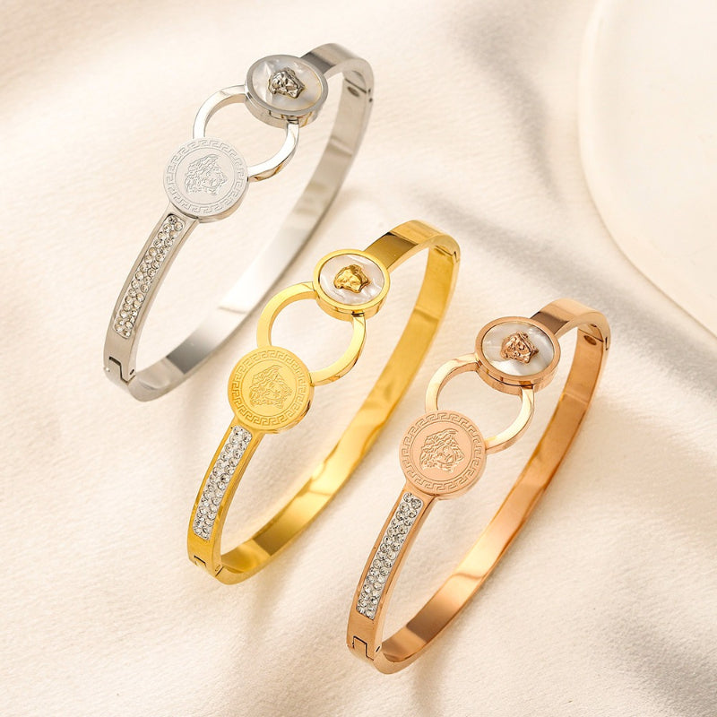 304 Stainless Steel Pave Round Medallion Bangle Bracelet
