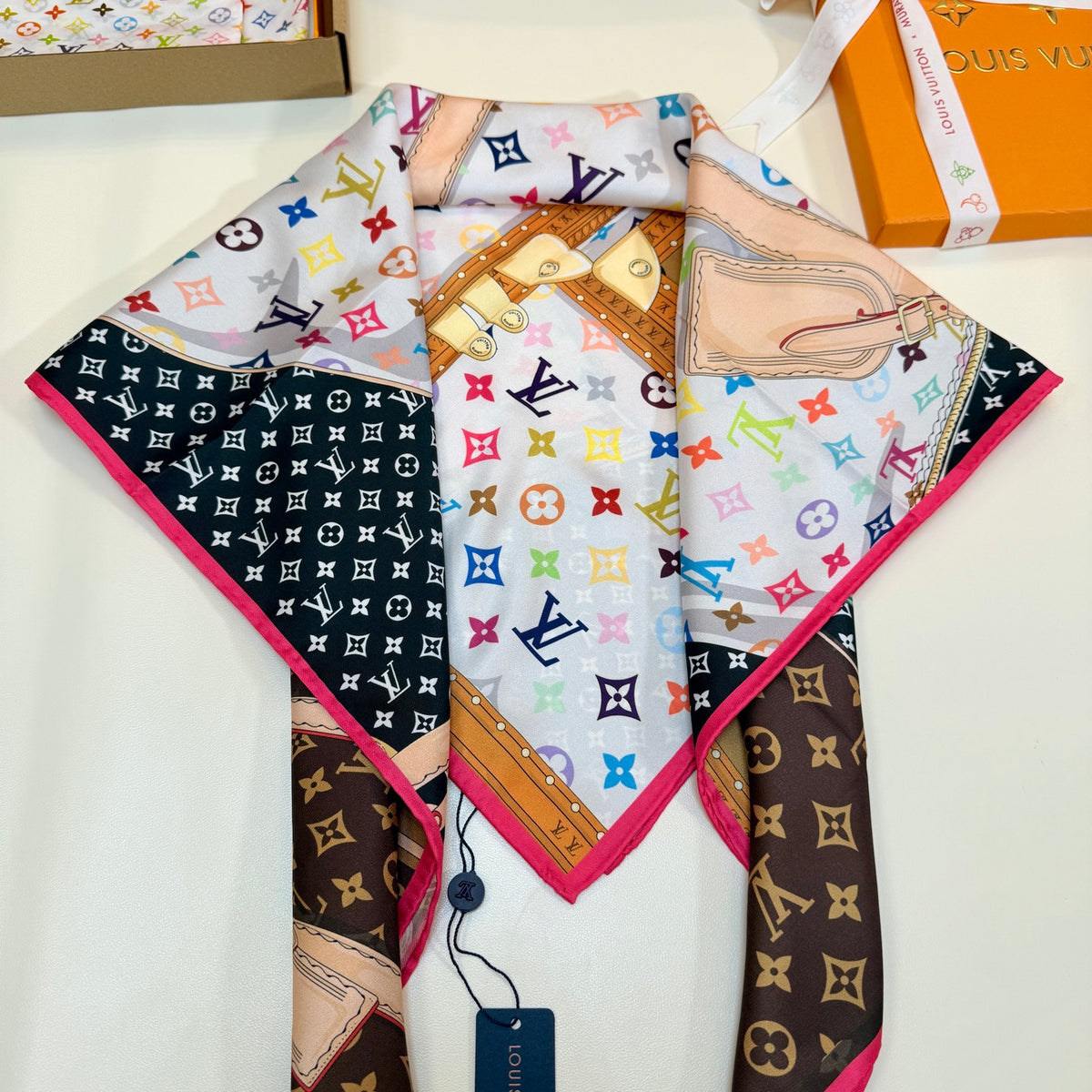 Contrast Border Floral Monogram Square Scarf - 90 x 90 cm