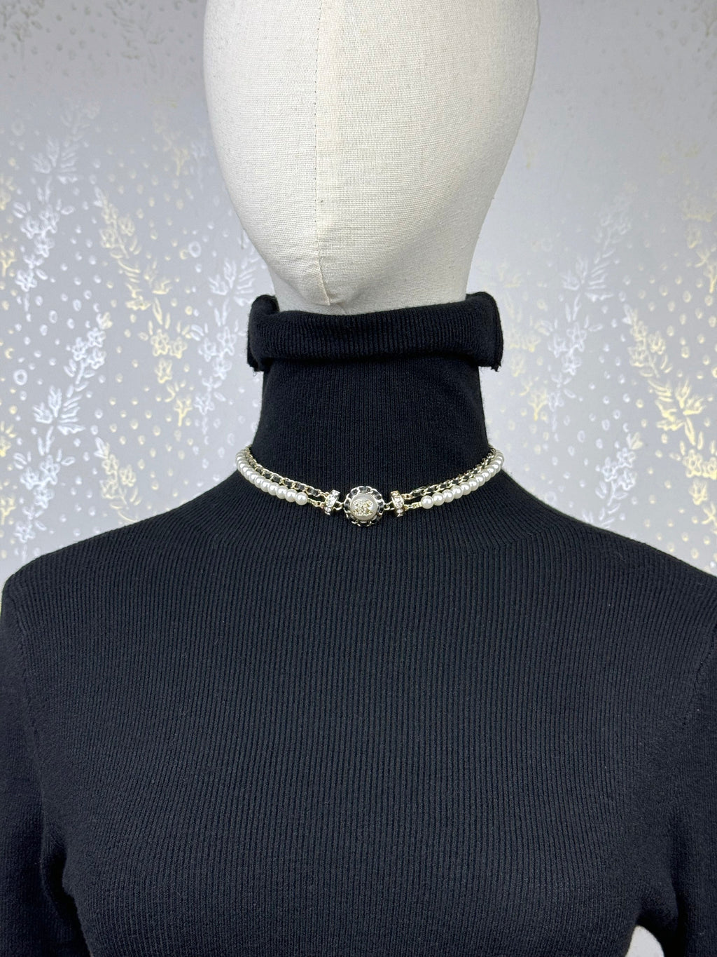 Gold Tone Double Layer Faux Pearl Choker, Round Resin & Leather Detail
