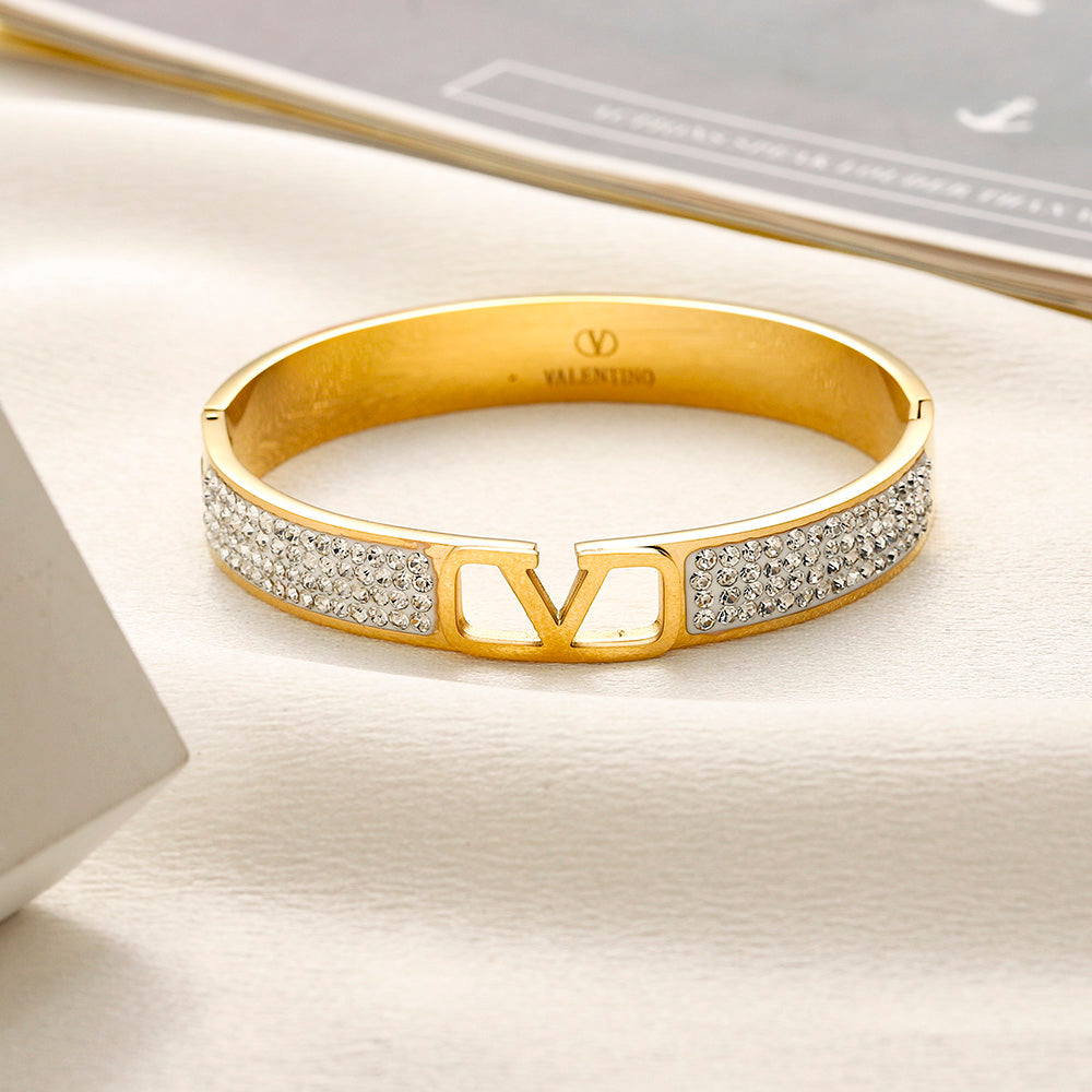 304 Stainless Steel Pave V-Motif Bangle Bracelet