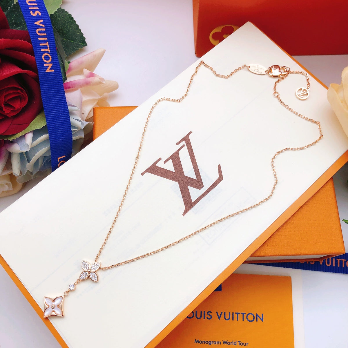Flower & Open-Square Drop Necklace