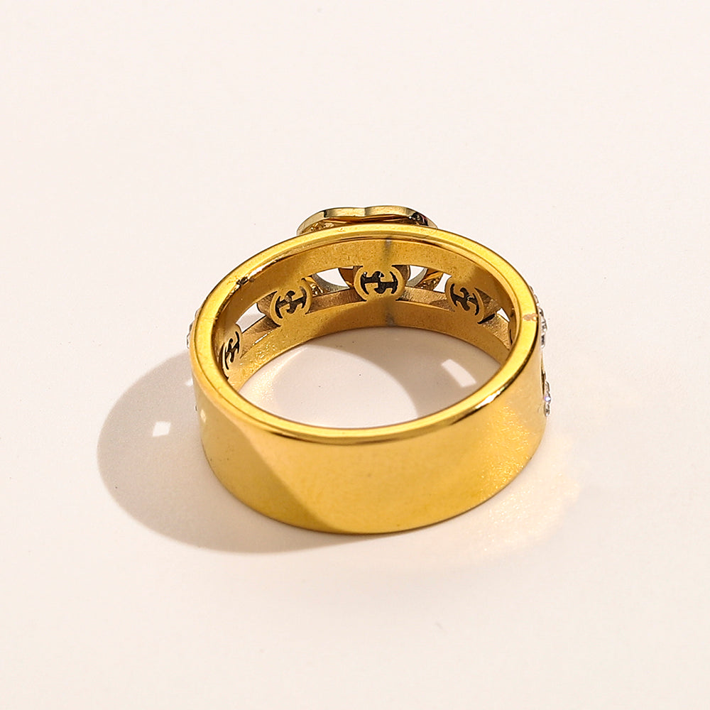 304 Stainless Steel Wide Emblem Ring with Stone-Set Edges