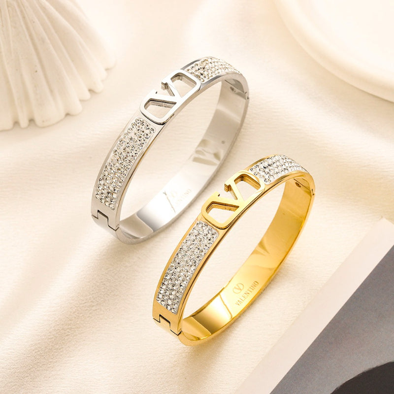 304 Stainless Steel Pave V-Motif Bangle Bracelet