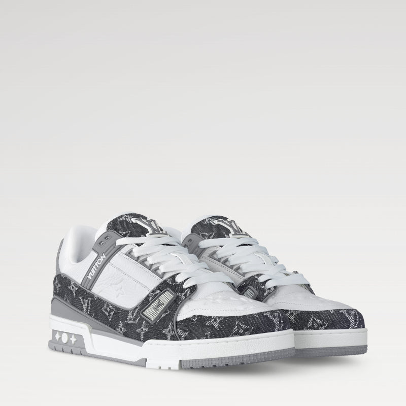 Grey and White Monogram Low-Top Sneakers