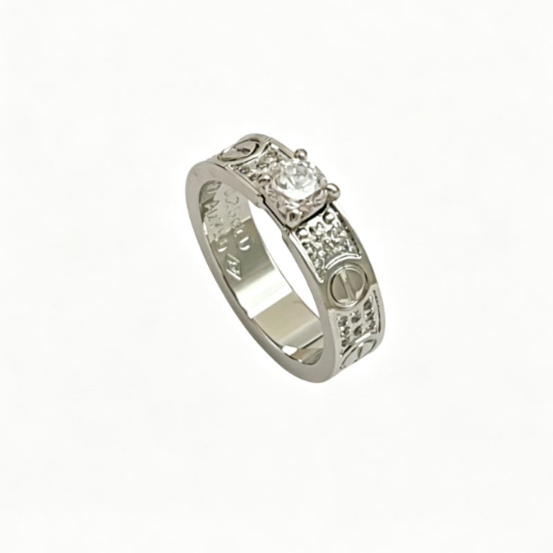 Silver-Tone Pave Screw-Detail Ring with Raised Stone