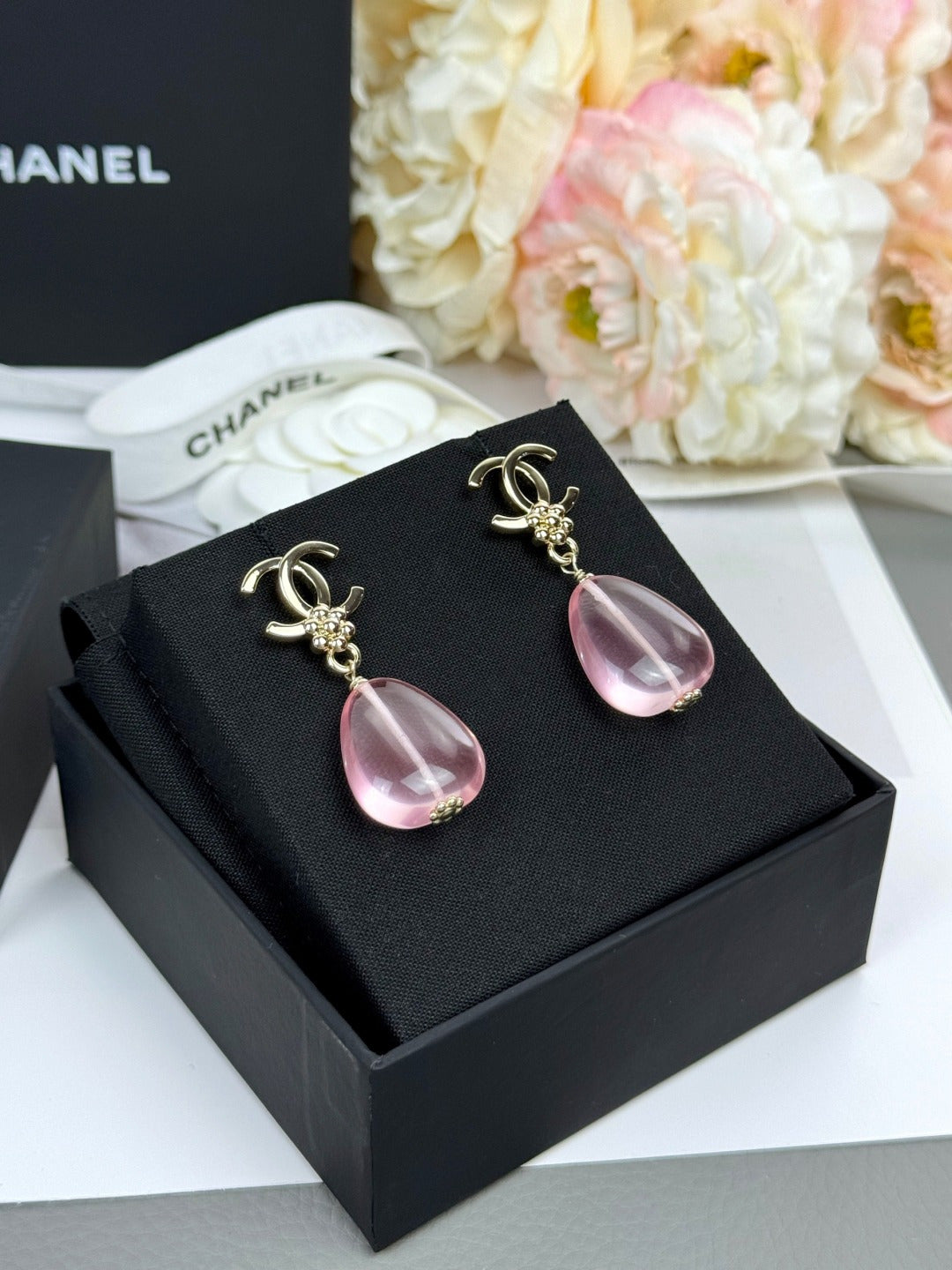 Pink Teardrop Interlocking-C Earrings