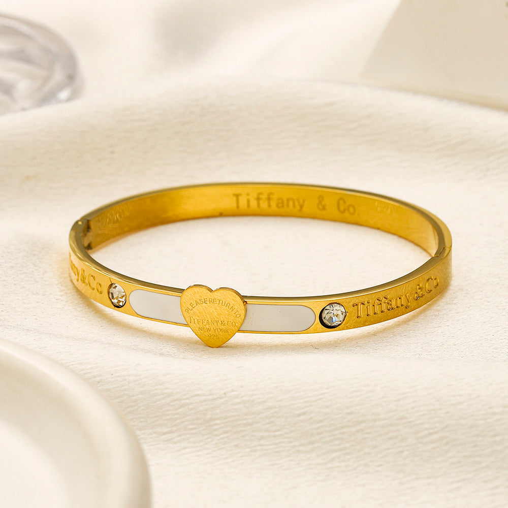 304 Stainless Steel Colorful Heart Stone-Accent Bangle Bracelet
