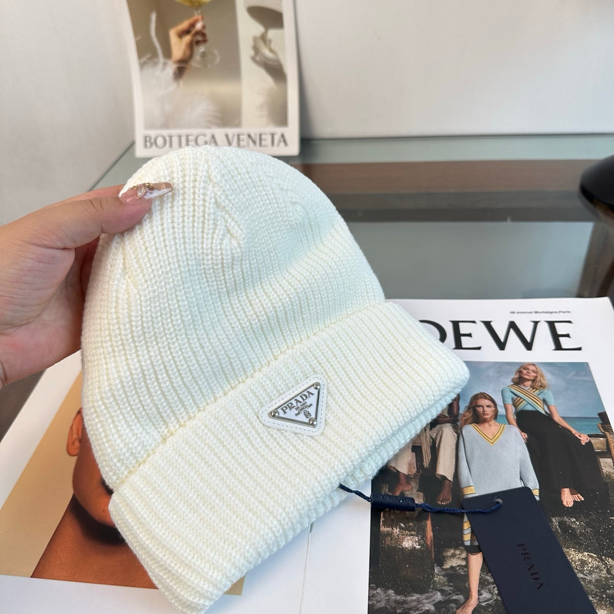 Ribbed Knit Beanie with Triangle Emblem