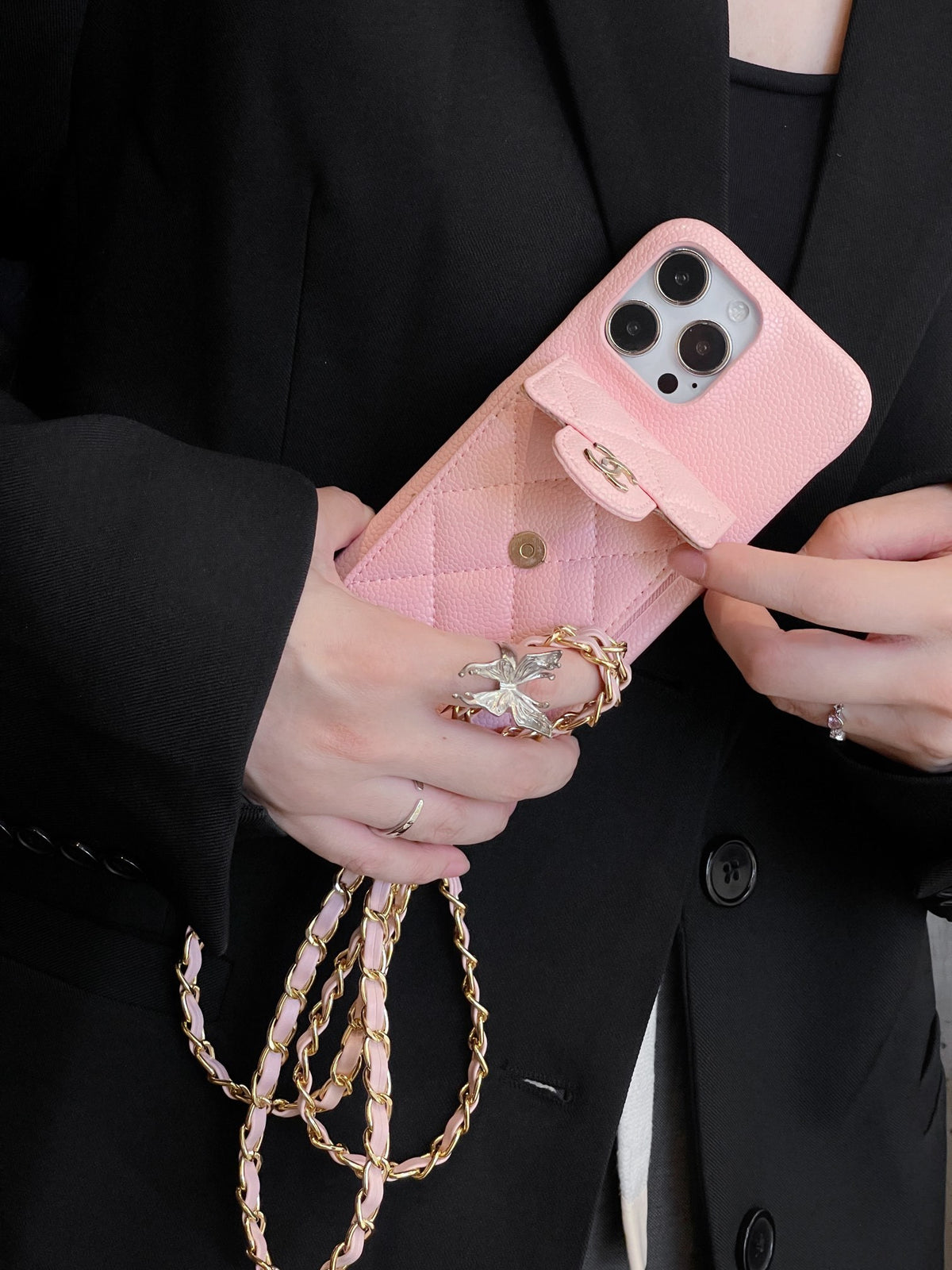 Quilted Phone Case with Emblem Clasp and Chain