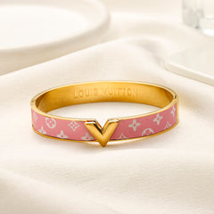 304 Stainless Steel Monogram-Inlay V-Motif Bangle Bracelet
