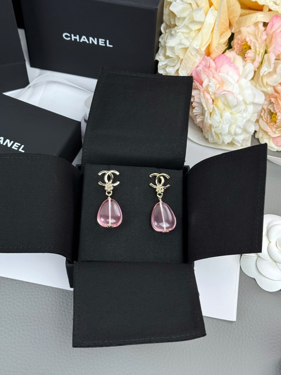Pink Teardrop Interlocking-C Earrings