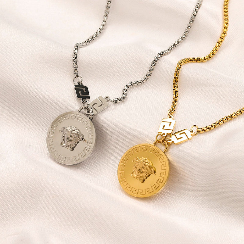 304 Stainless Steel Engraved Medallion Greek-Key Chain Necklace
