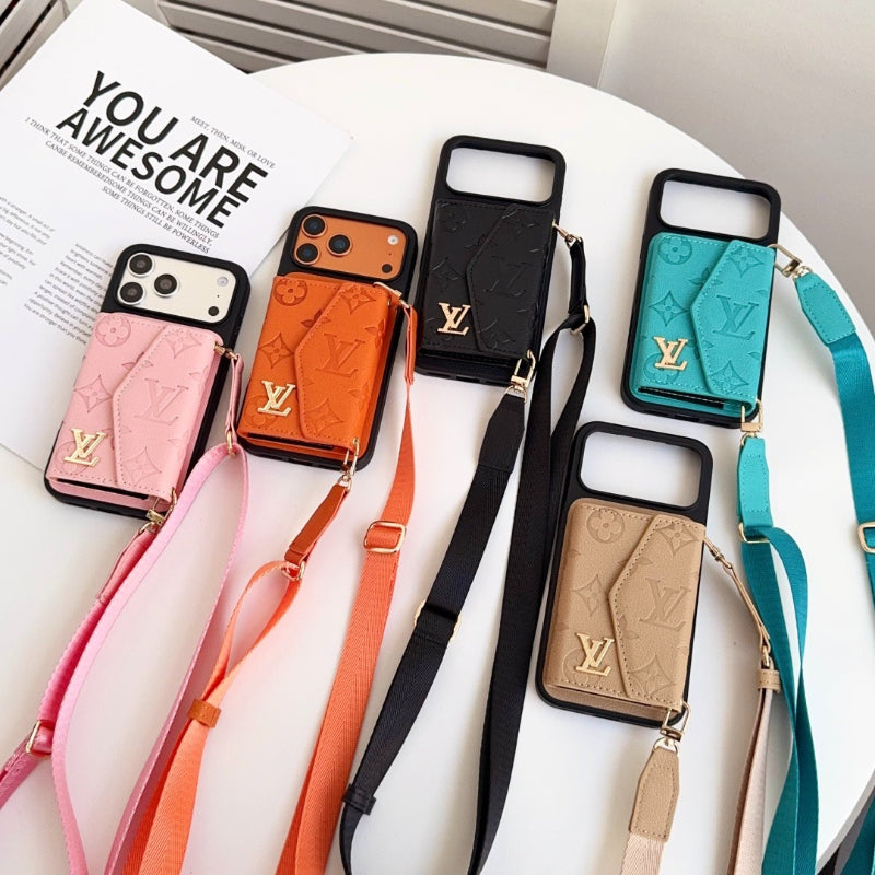 Embossed Letter Phone Case with Card Pocket and Strap