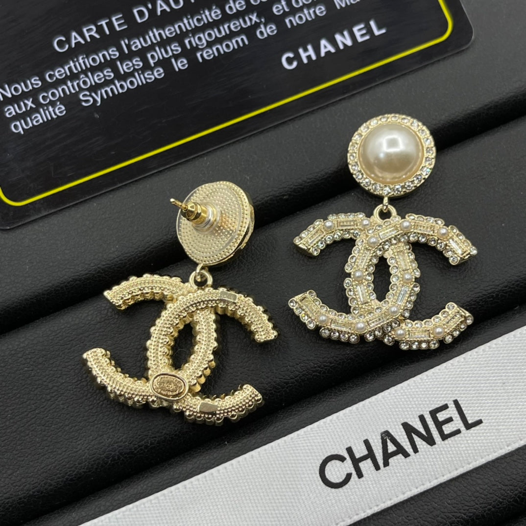 Pearl-Effect & Pave Interlocking-C Drop Earrings