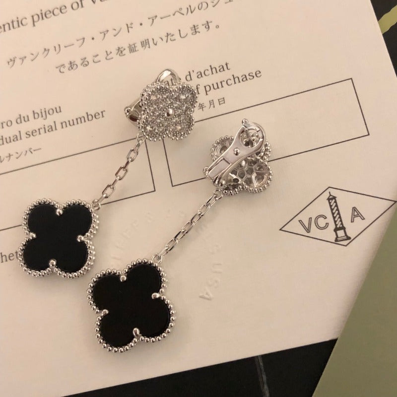 Black Quatrefoil Chain Drop Earrings