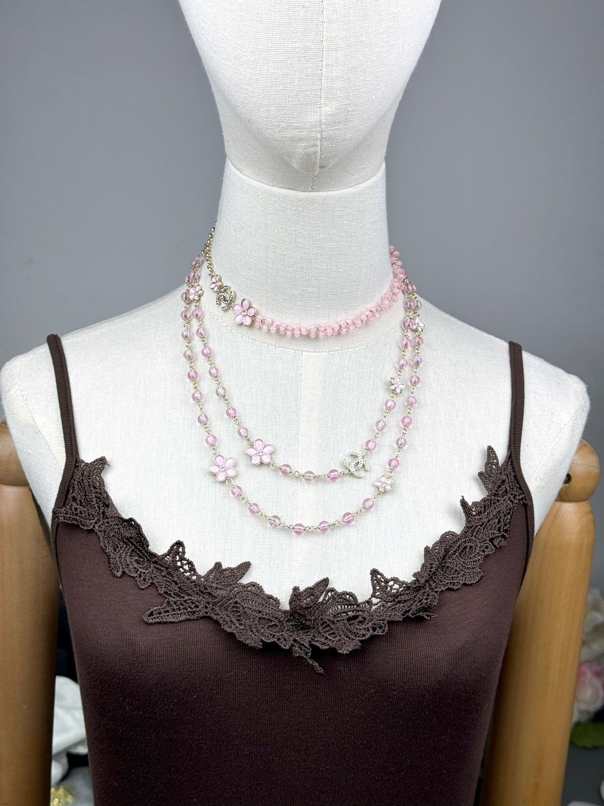 Long Sweater Necklace, Pink Floral Resin Pendant