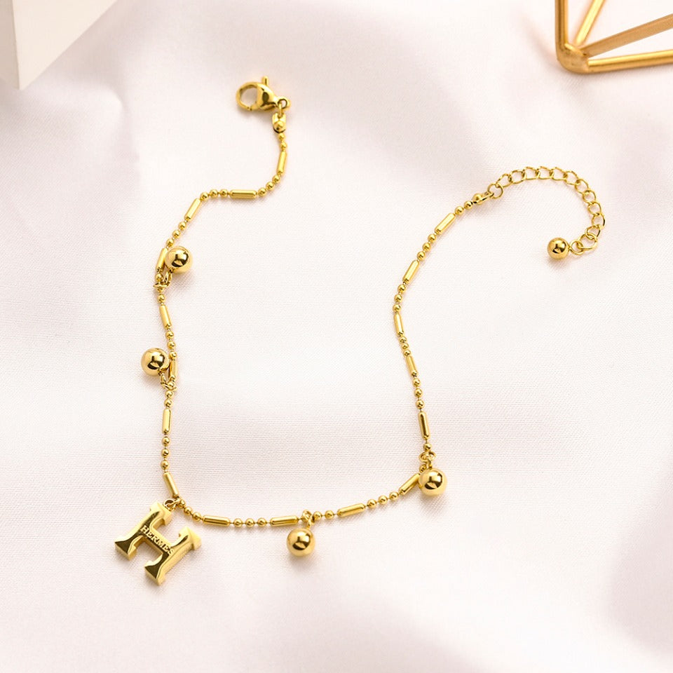 304 Stainless Steel H-Charm Anklet with Round Stations