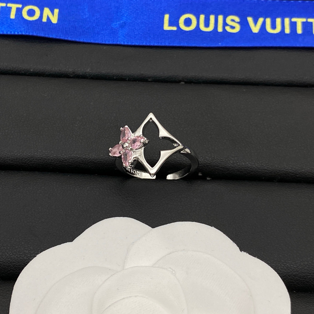 Open Floral Motif Ring with Butterfly Accent