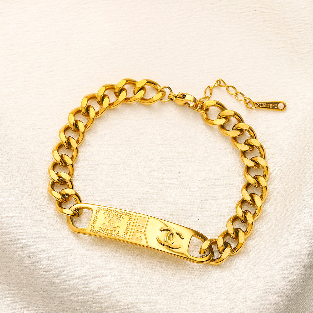 Pulseira de Corrente com Placa de Aço Inoxidável 304 com Monograma Gravado