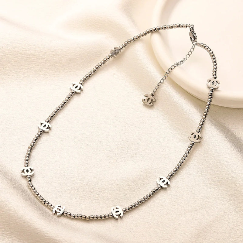 304 Stainless Steel Beaded Chain Interlocking-C Station Necklace