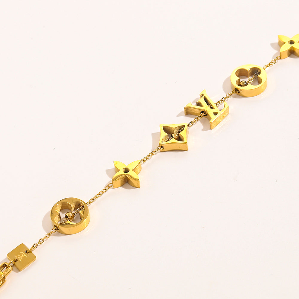 304 Stainless Steel Geometric Floral Monogram Link Bracelet