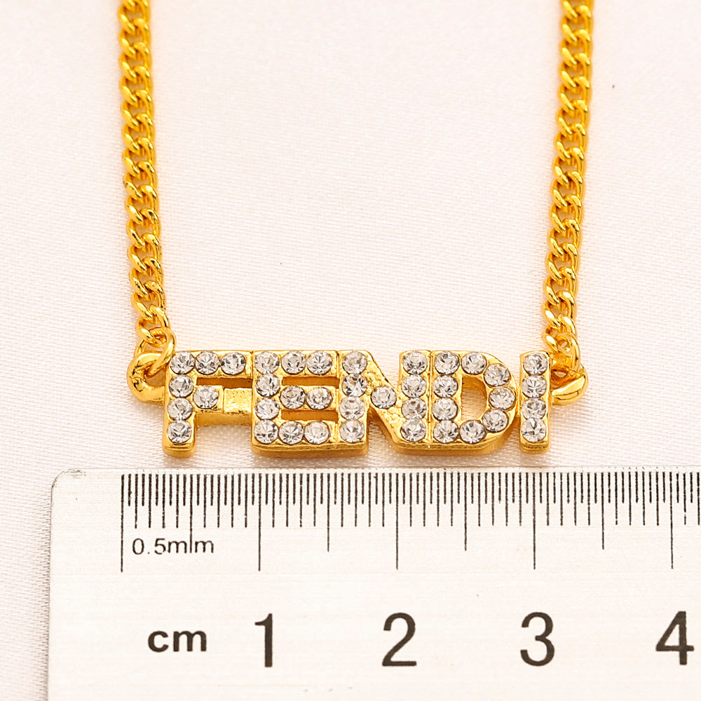 304 Stainless Steel Pave F-Motif Pendant Necklace