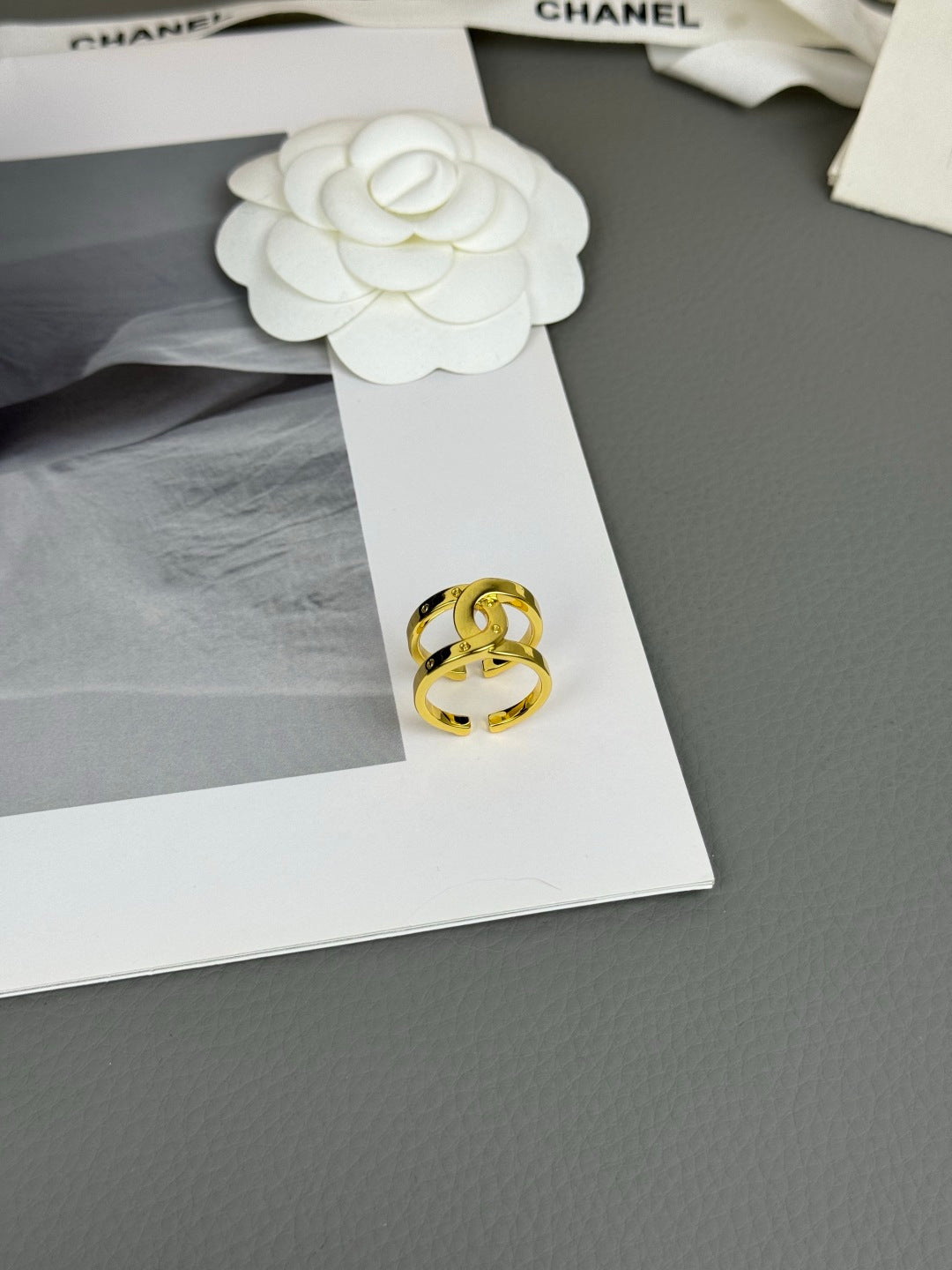 Open Double Emblem Ring with Stone Accents
