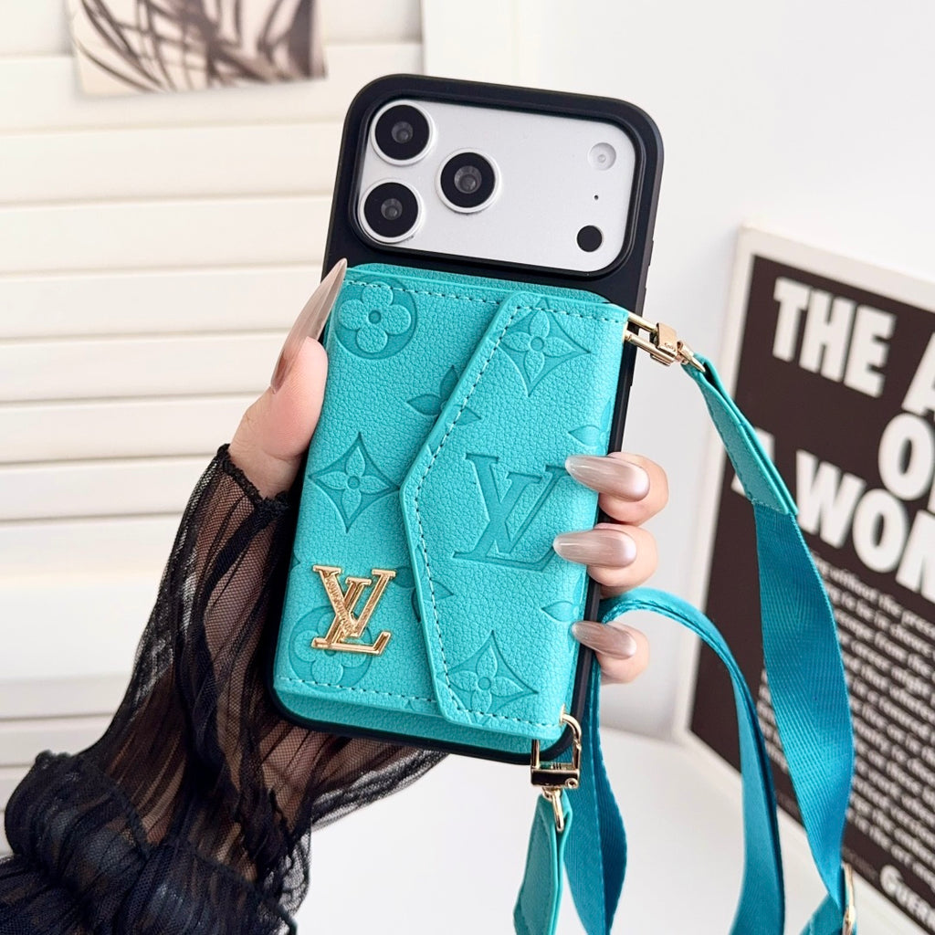 Embossed Letter Phone Case with Card Pocket and Strap