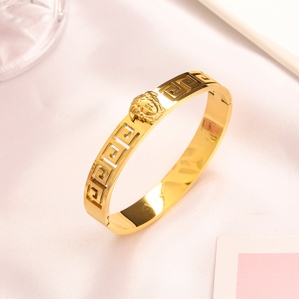 Pulsera rígida articulada de acero inoxidable 304 con diseño de greca griega